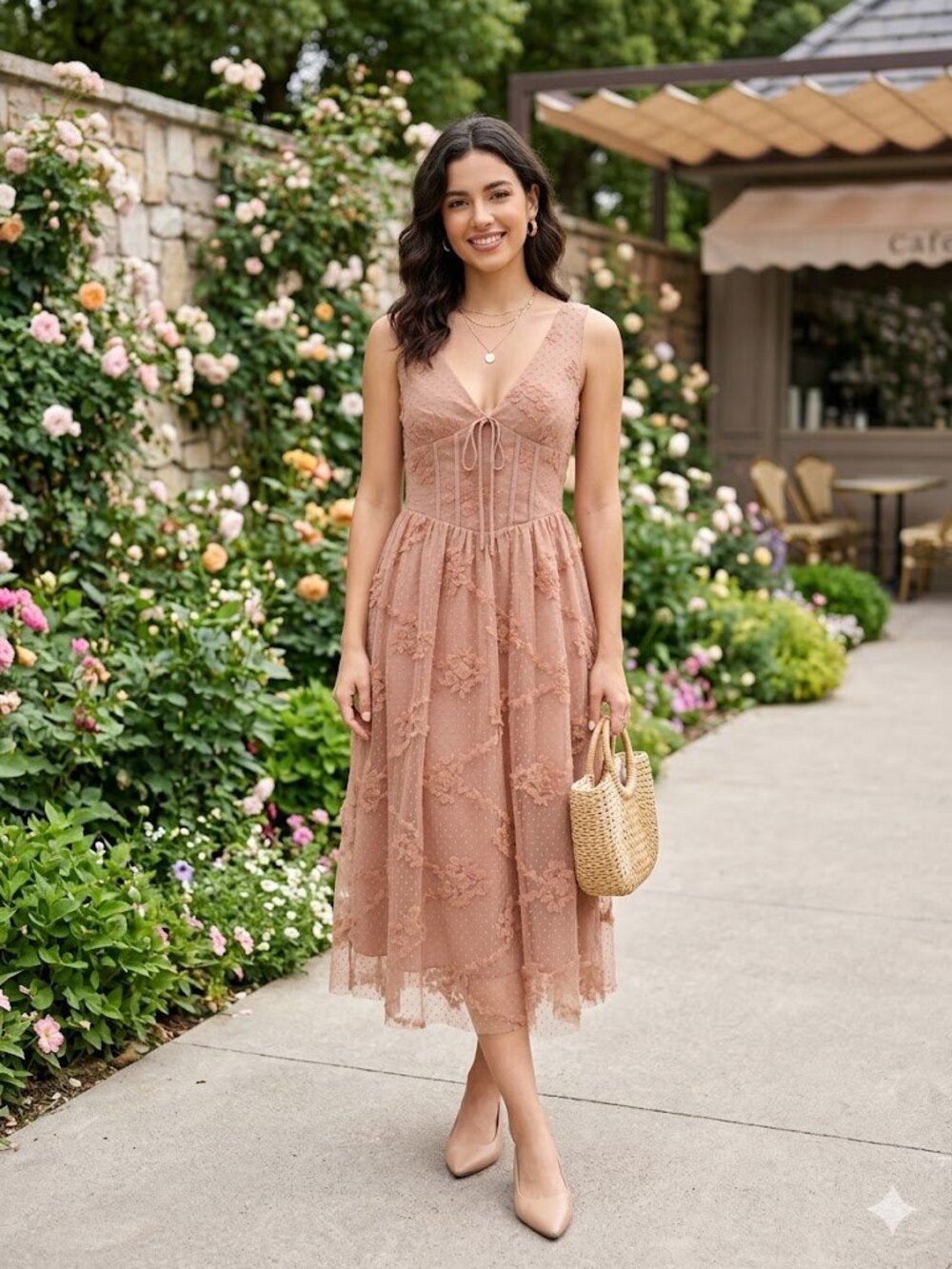 Arose Studio Liana Low V Corset Detailed Textured Elastic Midi Dress $198 OS